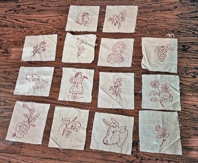 14 Vtg Squares 8'' Hand Embroidered Redwork Girl Flowers Dog Etc. DIY Sewing