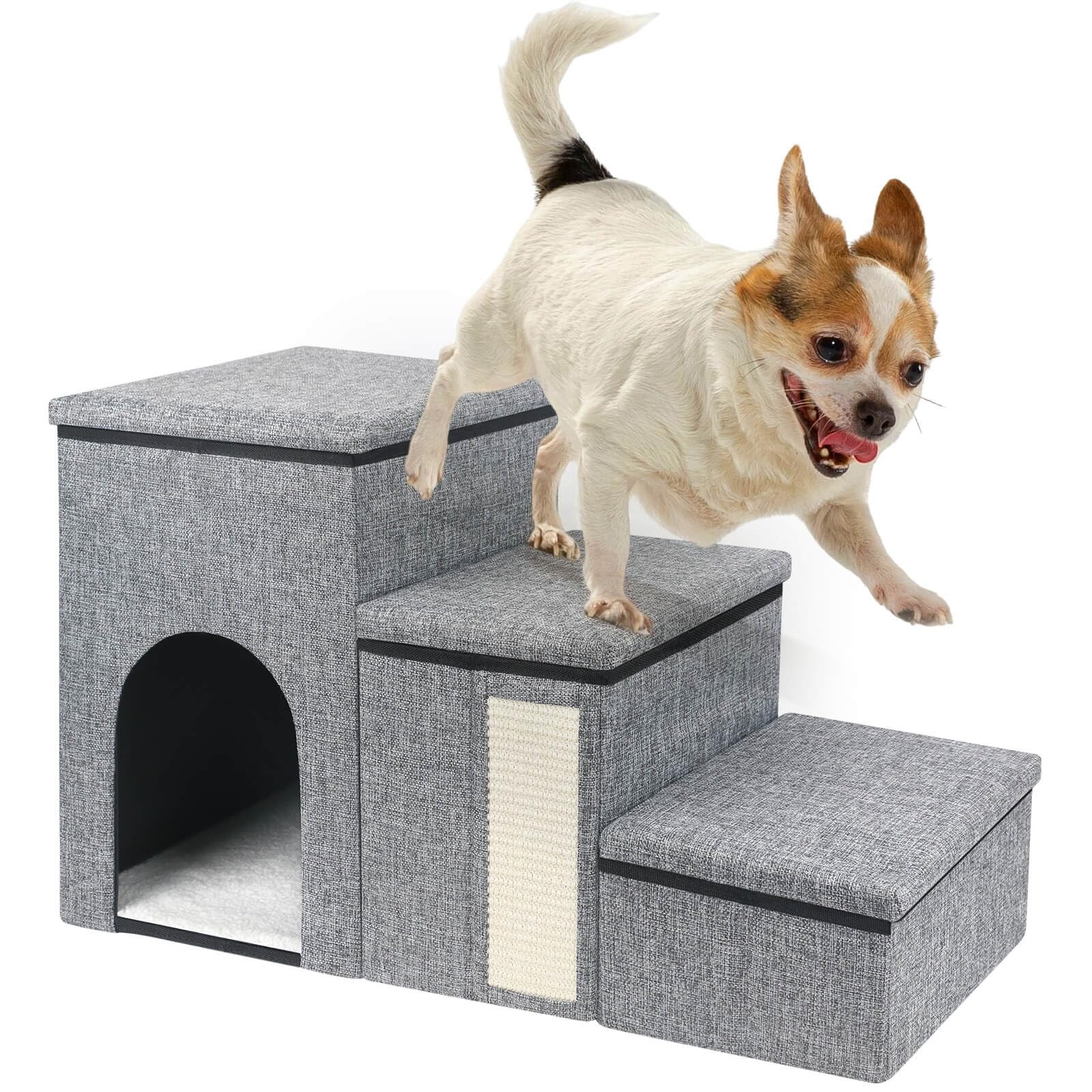 Foldable Dog Stairs for Small Pets with Storage Box for Couch or Bed Access