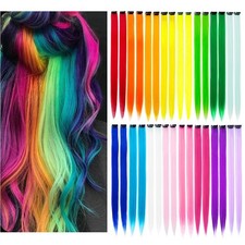 "32-Pack 20"" Colored Clip-In Hair Extensions Straight Synthetic 16 Rainbow C...