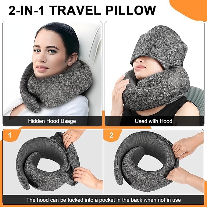 Hooded Memory Foam Travel Pillow for Airplane in Dark Gray