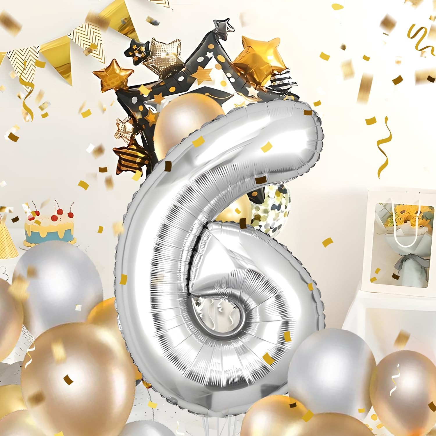 Ballon anniversaire chiffre 6 argent géant pour décorer facilement un salon