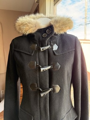 Marc New York Andrew Marc Women's Black Fur Trim Hooded Toggle Coat Size 6
