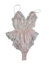 Vintage Pink Lace High Cut Teddy Bodysuit Size Large Sheer Nylon Floral Lingerie