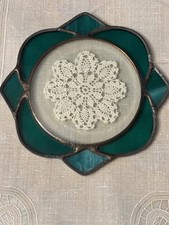 Vtg Green Stain Glass Clear Beveled Glass With Doily Inside Hanging Suncatcher