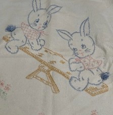 Vintage Embroidered Baby Blanket with Bunny Design Blue and Pink Flowers