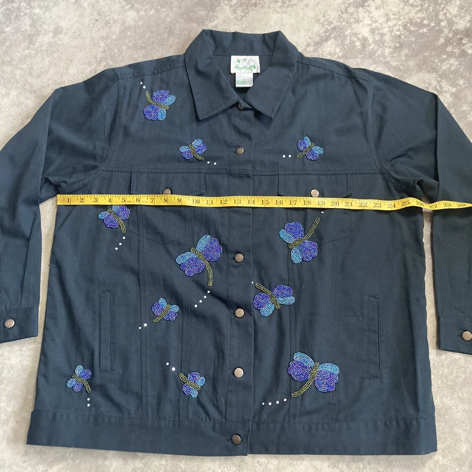 Quacker Factory Jacket Womens sz 1X Black Beaded Dragon Fly Button Pockets Denim - Image 4 of 4