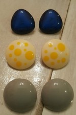 3 Sets of 80s Plastic Earrings Yellow Polka-Dots Blue Gray