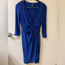 CHAPS  Blue Sheath FAUX WRAP Dress V-Neck 3/4 Sleeve FLATTERING STRETCH