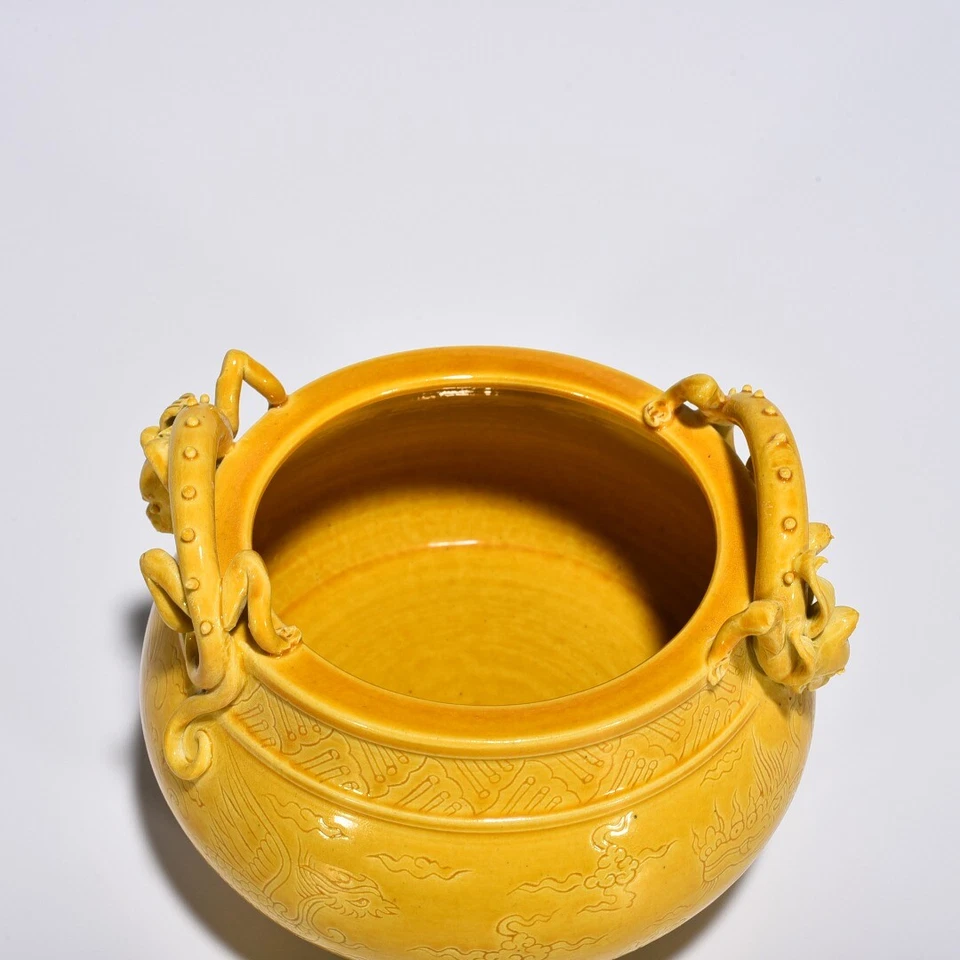 Antigua maceta de porcelana de 4,5" antigua dinastía Ming marca Hongzhi dragón fénix amarillo Foto 4 de 4