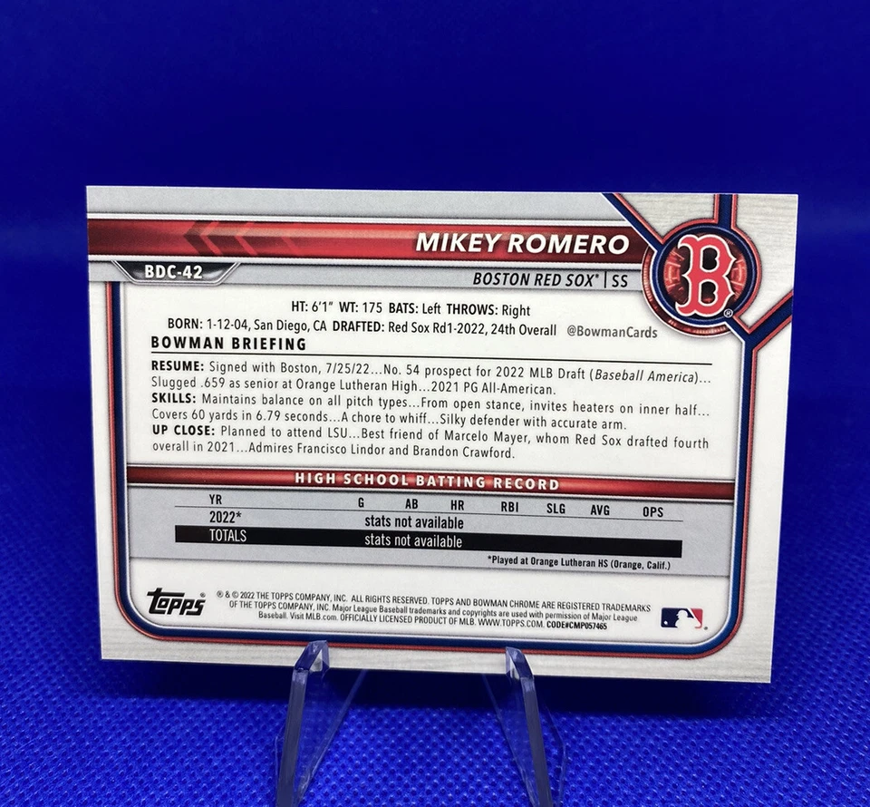 2022 Bowman Chrome Sapphire Mikey Romero Red /5 Color Match! - Image 2 of 2