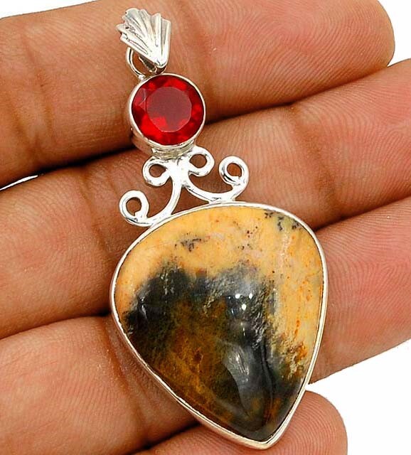 Natural Dendritic Opal & Garnet 925 Sterling Silver Pendant Jewelry @B15-6