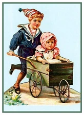 Boy Giving Girl Ride in a Cart  From Vintage Card Counted Cross Stitch Pattern