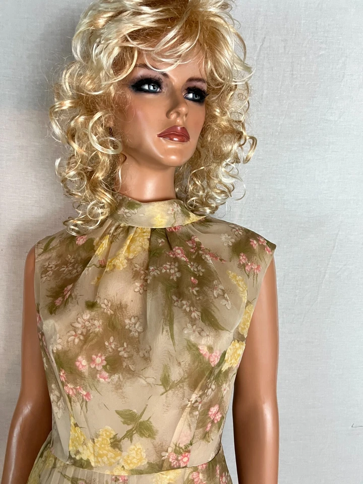 Винтажный Vestebene платье со складками бежевый цветочный розовый желтый воротник с подкладкой Италии M - Изображение 3 из 4