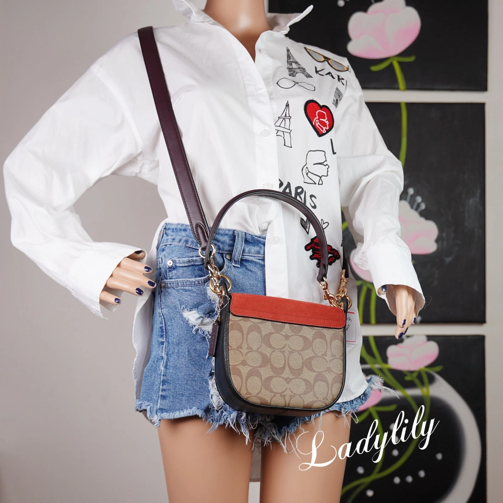 Borsa a tracolla Coach C5691 Kleo 17 firmata tela pelle liscia scamosciata $425 nuova con etichette