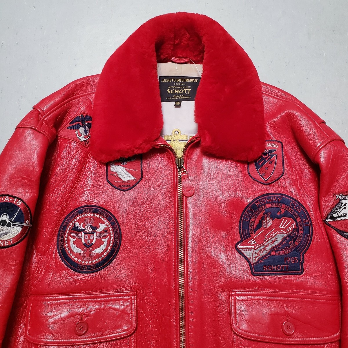 SCHOTT G-1 Bomber Jacket Red Leather w Shearling Collar Sz