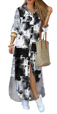 Women's Loose Summer Spread Collar Button Up Split Maxi Long Shirt Dress W/B M