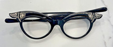 Vintage cat Eye Wing Eyeglass frame Rhinestones Black 46x20 Classic with case