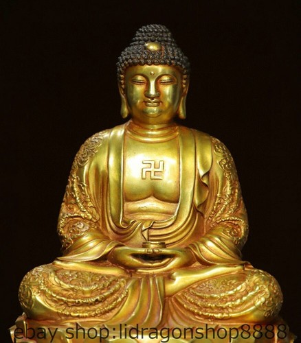 12 "bouddhisme chinois bronze doré Shakyamuni comme la statue du Bouddha - Zdjęcie 2 z 9