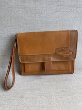 Vtg Hand Tooled GENUINE LEATHER Checkbook, Wallet, Clutch Purse, Pockets, Buckle