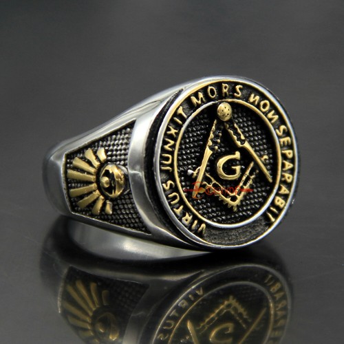 Men Retro Stainless Steel Freemason Masonic Signet Ring Free Mason Silver/Gold - Picture 3 of 8