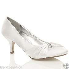 LADIES SATIN LOW MID HEELS WOMENS WEDDING BRIDAL BRIDESMAID STILETTO KITTEN SHOE