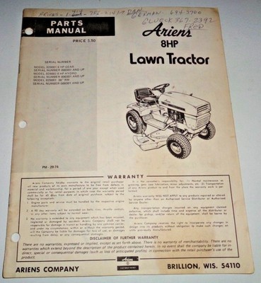 Ariens 8HP Lawn Garden Tractor Parts Catalog Manual Models 929001