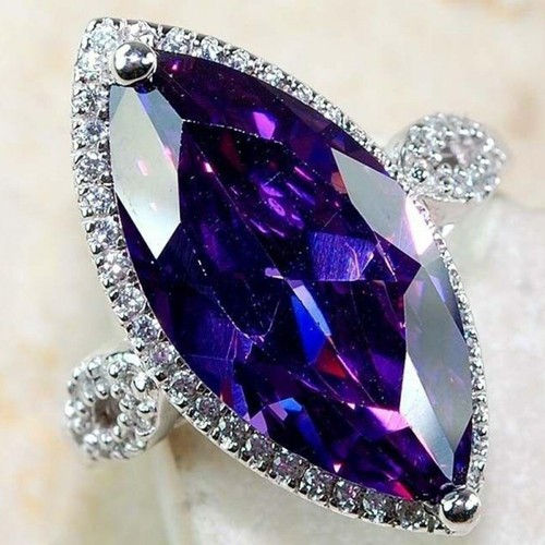Purple Zirconia Cz Ring Women's 925 Silver Exaggerated Engagement Ring Size 6-10 - Picture 9 of 10