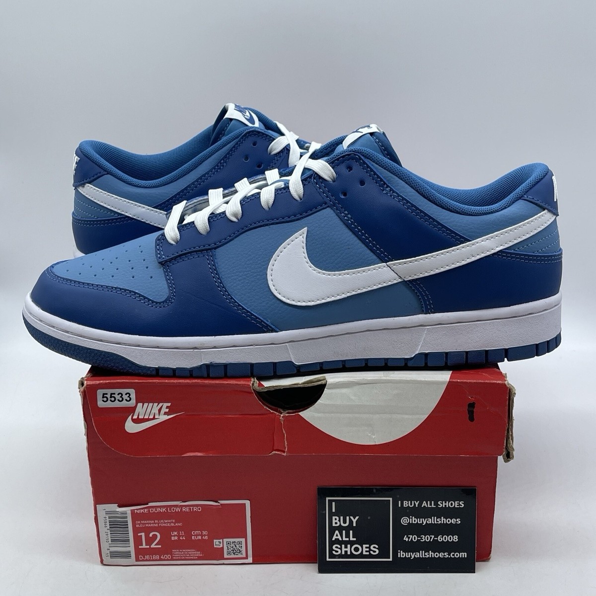 Size 12 Nike Dunk Low Dark Marina Blue White Suede Leather (DJ6188-400)