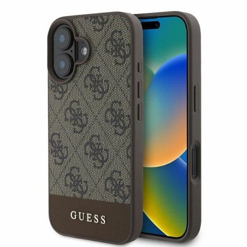 Case IPHONE 16 Guess Faux Leather Pattern Braun Logo Text Golden