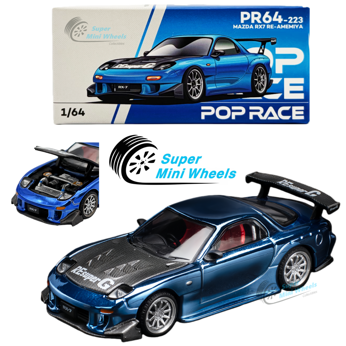 Pop Race 1:64 Mazda RX7 RE-Amemiya Widebody Chrome Blue - #223 | eBay