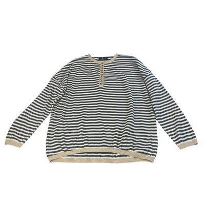 Lillusory Striped Henley Sweater XL Gray Cream Cotton Long Sleeve Top