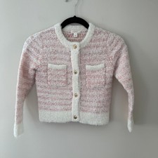 Crewcuts J.Crew Girls Pink White Striped Boucle Cardigan Gold Buttons XS 4-5