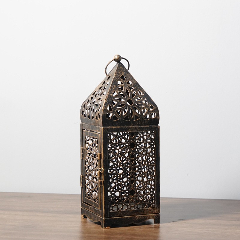 European Hollow Iron Lantern - Vintage Candle Stand Distressed Ambience Decor