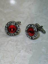 Pair of Silver Tone and Red Ruby Gem Colored Men  s Round Cufflinks
