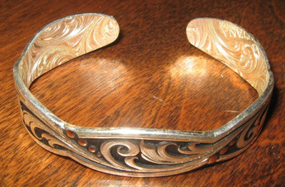 Montana Silversmiths Western Scroll Cuff Bracelet Silver Tone Black Enamel