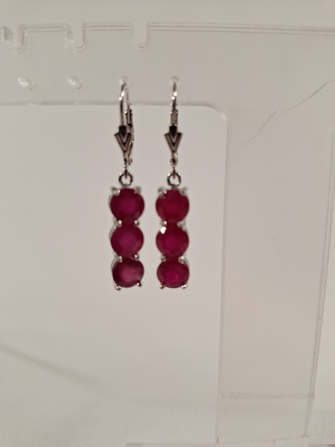 Sterling Silver 3 Ruby Dangle Lever Back Earrings - image 2