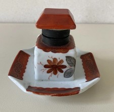 Antique  19th century Continental Porcelain Hand Painted Hinged Lidded Inkwell 