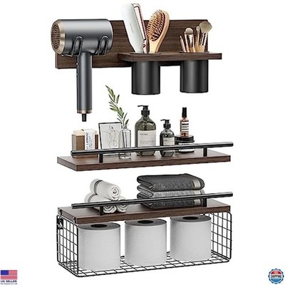 Set of 3 Rustic Brown Floating Bathroom Shelves with Hair Dryer Holder, Wall