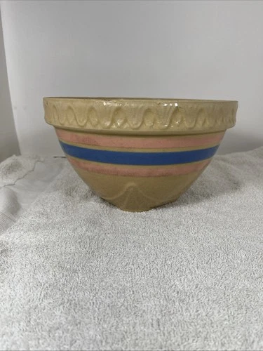 Vintage  Large 9.5" Mixing Bowl Yellow Ware Pink & Blue Stripes McCoy 1930's