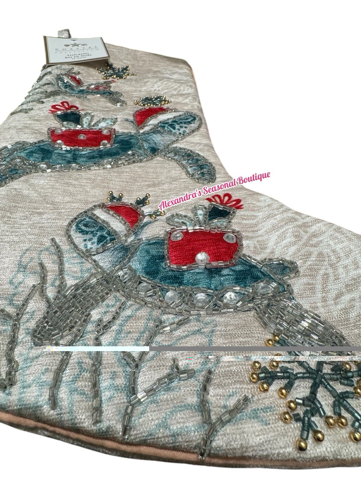 Coastal Beach Christmas Stocking Coral Sea Turtles Santa Hat Beaded Blue 22“ New