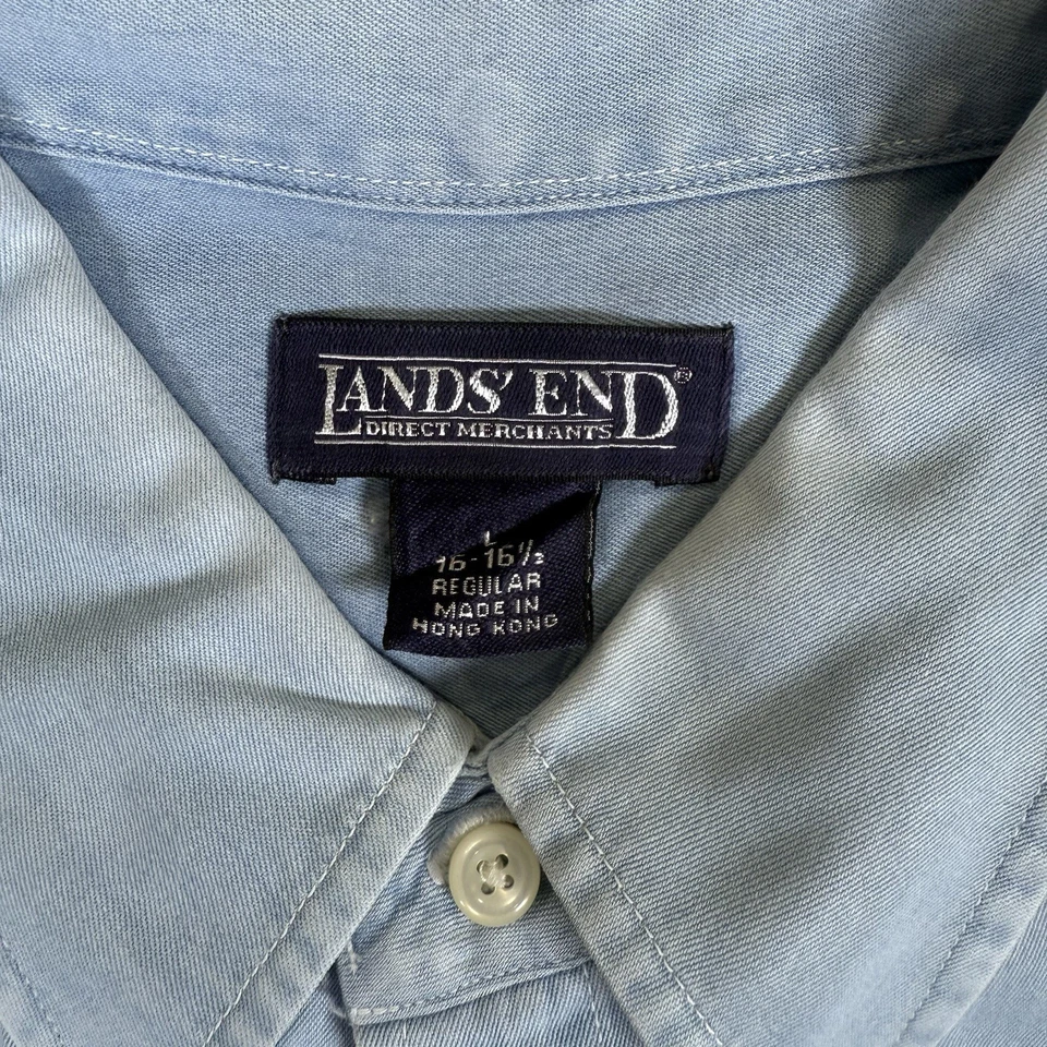 Lands End Chambray Denim Shirt Mens 16-16.5 Large Button Down Cotton Gorpcore - Image 4 of 4