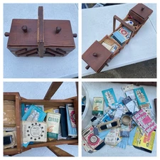 Vintage Wooden Accordion Sewing Box Organizer Notions Spools Buttons Supplies St