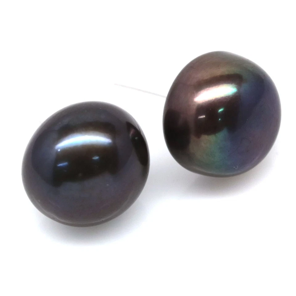 Banhado a ouro branco tailandês feito à mão 11 mm. Brincos de pérola magenta - Imagem 2 de 4