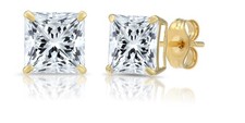 Solid 14k Yellow Gold Square Solitaire Cubic Zirconia Princess-cut CZ Stud Ea...