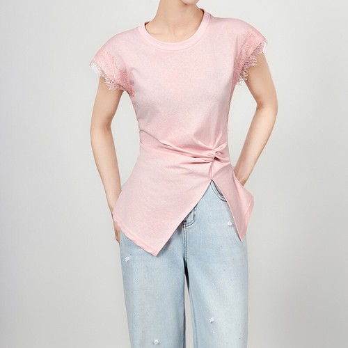 Design Lace Splicing Pleats Waist T-shirt Top New Women Crew Neck Short Sleeve - Picture 8 of 23