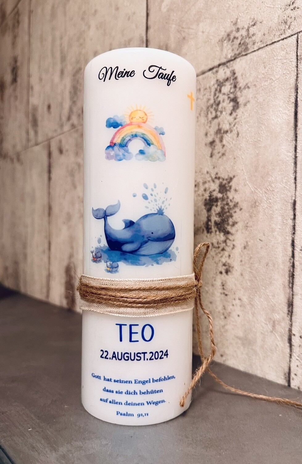 Taufkerze Wal Fisch Taufgeschenk, Taufe und Patenkerze für Jungen und Mädchen