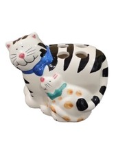 Ceramic Cat with Kitten Toothbrush Holder Black and White Bathroom Decor