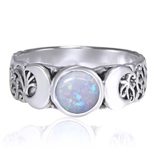 Authentic Round Cut Moonstone Triple Moon Goddess Ring 14K White Gold Plated