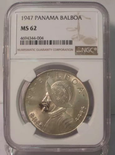 1947 PANAMA SILVER BALBOA NGC MS 62 TONED COIN CONQUISTADOR UNCIRCULATED 