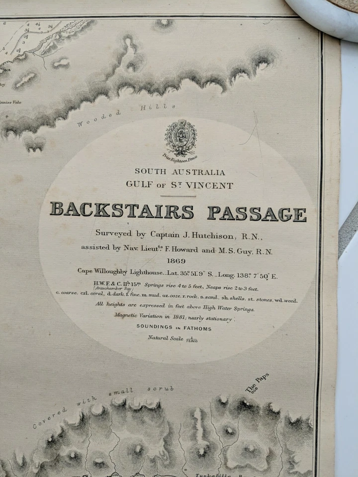 Mapa gráfico hidrográfico S. Austrália Golfo de São Vicente PASSAGEM DE ESCADAS TRASEIRAS 1869 - Imagem 2 de 4